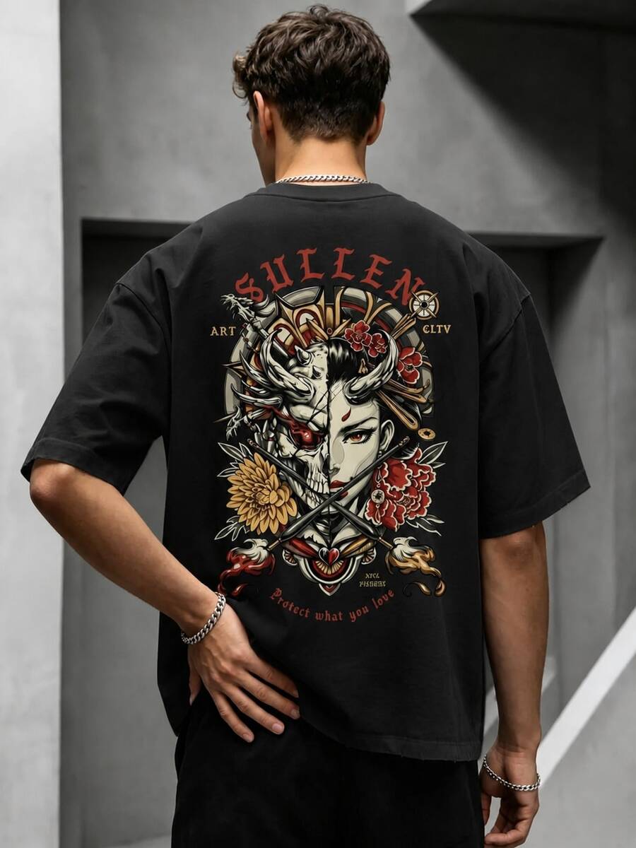 Krometka Men's Retro American Street Style Loose Fit Short Sleeve T-Shirt | Half Geisha Half Oni Mask Split Image Print | Exquisite Design | Essential For Spring/Summer | Versatile All-Match Tee | Express Personal Style - Black - View 1