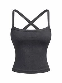 Vintage Y2K Casual Ribbed Criss-Cross Backless Fitted Streetwear Tank Top For Women Summer - Grey - View 4