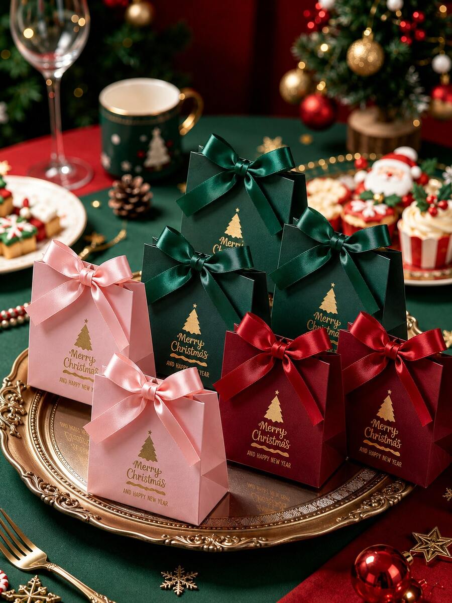 10/5/1pc Exquisite Christmas Gift Bags With Bow Ribbon, Christmas Tree Pattern, Mini Burgundy Christmas Tree Pattern Gift Box, Printed With "Merry Christmas", Suitable For Packaging Christmas, Wedding Favors, Party Gifts And Small Gifts - A - View 1