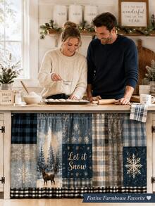 1pc Blue Snowflake Deer Under Sink Curtain, Rustic Polyester Rectangular Cabinet Skirt With Patchwork Design And Plaid Ruffle Hem, Decorative Kitchen Cover For Winter Home Decor, Christmas Decorations For Home, Kitchen Essentials - Multicolor - View 7