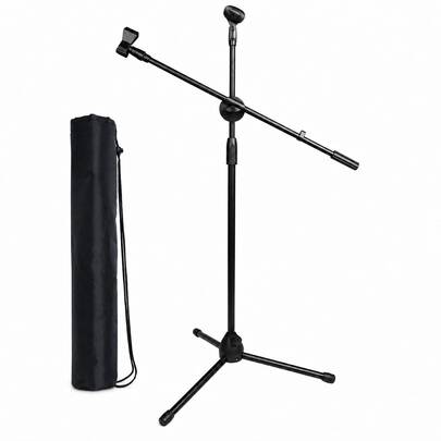 Adjustable Microphone Stand With Dual Mic Clips And Carry Bag, Portable Tripod Floor Stand For Studio Recording, Live Performance And Karaoke
