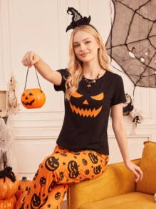 Notgurli 4-Piece Couples' Set: Women's & Men's Halloween Pajamas – Fun, Comfortable Pumpkin-Print Loungewear For Autumn/Winter - Multicolor - View 6