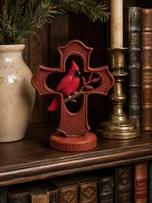 1pc Christmas Cardinal Figurine, Red Cardinal Bird On Decorative Cross Statue, Rustic Holiday Tabletop Decor For Fireplace Mantel Shelf Entryway Living Room - Classic - View 3
