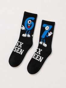 2 Pairs Men's Fun Mid-Calf Socks, Fun "67" Number Pattern, Fashionable Hip-Hop Design, American Vintage Style, Unisex, Suitable For Autumn/Winter Wear, Great For Gifts - Black - View 4