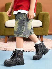 1 Pair Kids Vintage Denim Texture Boots With Embroidery And Side Zipper, Suitable For School, Commuting, Daily Casual Wear, Autumn/Winter - Black - View 2