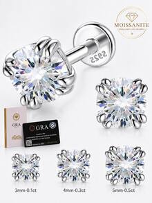 EleRunis 1pc Moissanite 925 Sterling Silver Classic 4-Prong Flat Back Cartilage Spiral Piercing Earring, Wedding Daily Wear Bridal Jewelry - Silver - View 2