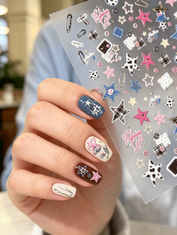 1 Sheet 5D Embossed Punk Safety Pin Nail Stickers, Black White Plaid Star Letter Self‑Adhesive Nail Decals, Y2K Cool Street Style Manicure Nail Art Decorations