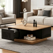 70 X 70 X 31.5 Cm Coffee Table With 3 Drawers, Geometric Coffee Table, High-Gloss Living Room Table, Sofa Table, Side Table, Suitable For Small Spaces, Black + Natural Wood Color - Dark Brown + Black - View 3