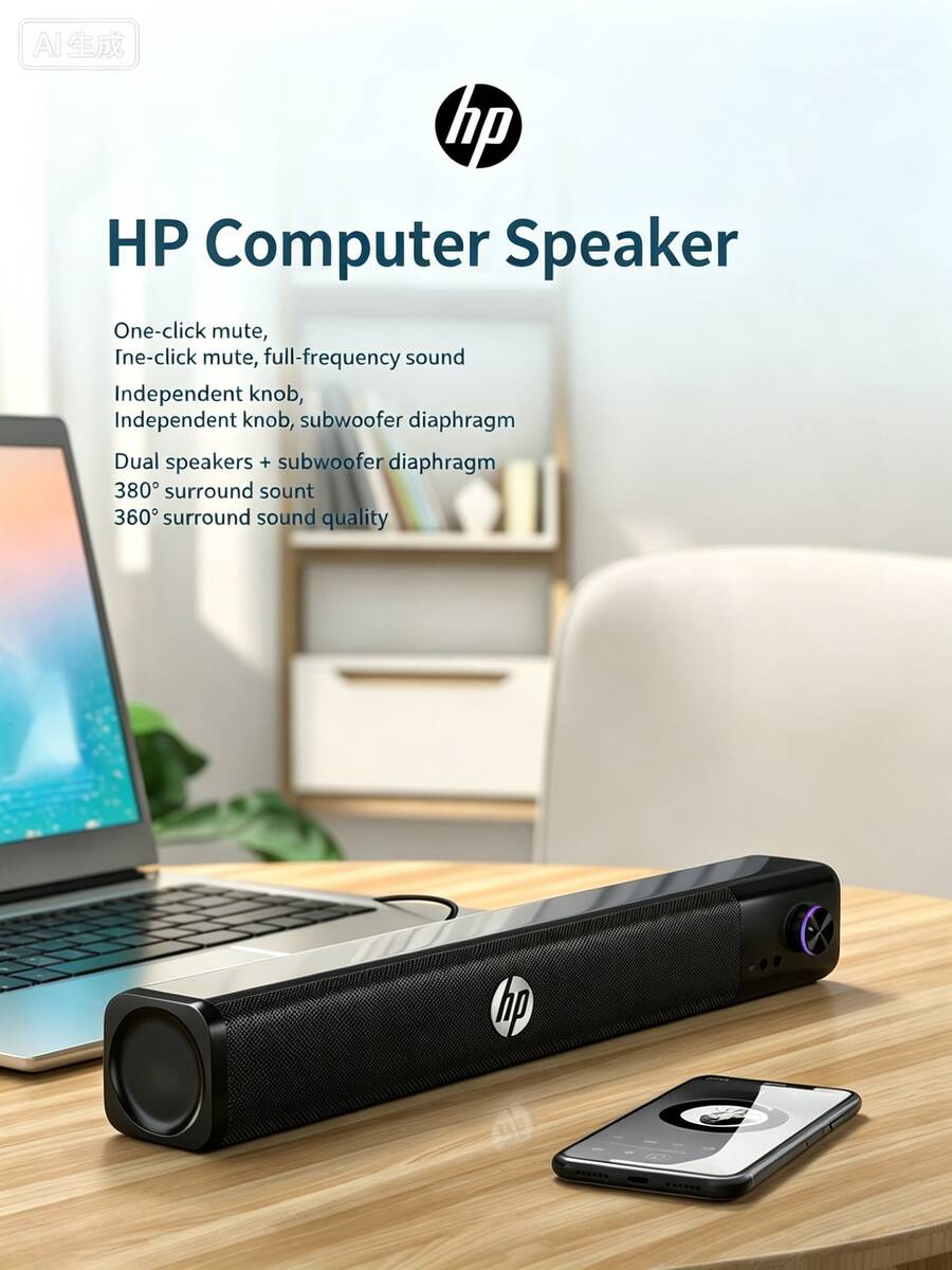 HP WS10 High-Performance Speaker, Stereo Output, Bass Optimization, Elongated Design, Home Desktop, Black - Black - View 1