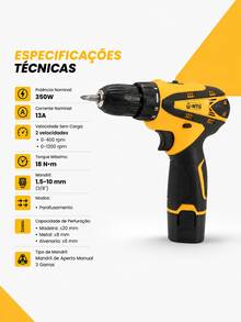 Parafusadeira Elétrica Sem Fio MTG 15V, 2 Velocidades Ajustáveis, Torque Máximo 18N.m, Kit Completo com 2 Baterias Li-ion, Maleta de Ferramentas, Brocas, Soquetes e Eixo Flexível para Montagem e Reparos Domésticos - Amarelo - Visão 4