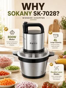 1件 Sokany 電動廚房切碎機，不鏽鋼碗，2段速多功能食物處理機，4刀片絞肉機，適用於肉類、洋蔥、水果、蔬菜 - 黑色7028 - 查看 4