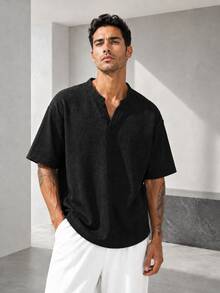 Blueprint Man 1pc Men's Black Herringbone Henley Collar Short Sleeve T-Shirt, Stand Collar V-Neck Placket, Breathable Skin-Friendly Wrinkle-Resistant Draping Textured Knit Fabric, Mature Old Money Style Casual Top, Spring Summer Commute, Light Business, Date Outfit - Black - View 9