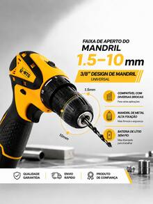 Parafusadeira Elétrica Sem Fio MTG 15V, 2 Velocidades Ajustáveis, Torque Máximo 18N.m, Kit Completo com 2 Baterias Li-ion, Maleta de Ferramentas, Brocas, Soquetes e Eixo Flexível para Montagem e Reparos Domésticos - Amarelo - Visão 2