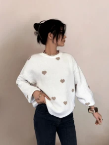 女款秋冬情人節可愛休閒愛心圖案寬鬆時尚圓領長袖毛衣，基礎款毛衣，商務休閒女裝，秋季上衣，秋季毛衣，女款冬季服飾，女款秋冬服飾，秋季服飾 - 白色 - 查看 2