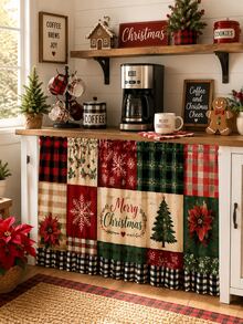 1pc Red Green Christmas Patchwork Cabinet Curtain, Farmhouse Polyester Rectangular Under Sink Skirt With Buffalo Plaid Ruffle Hem, Decorative Kitchen Cover Panel For Christmas Decorations For Home, Home Decor, Kitchen Essentials - Multicolor - View 11