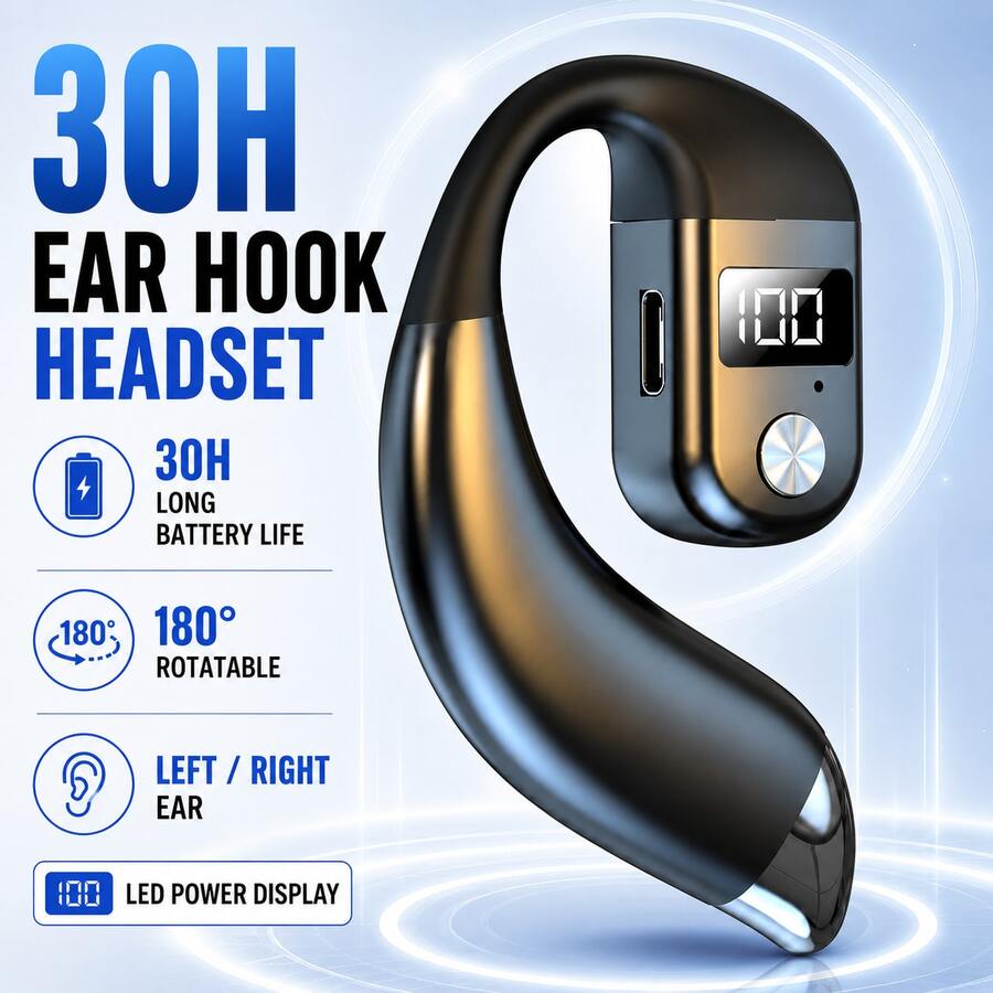 Wireless Single-Ear Hook Headset, 30-Hour Long Battery Life, LED Power Display, 180° Rotatable Hands-Free Microphone, Suitable For Driving, Office, Work, Travel, Universal For Left And Right Ears, 180mAh Battery