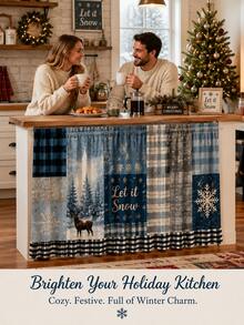 1pc Blue Snowflake Deer Under Sink Curtain, Rustic Polyester Rectangular Cabinet Skirt With Patchwork Design And Plaid Ruffle Hem, Decorative Kitchen Cover For Winter Home Decor, Christmas Decorations For Home, Kitchen Essentials - Multicolor - View 8