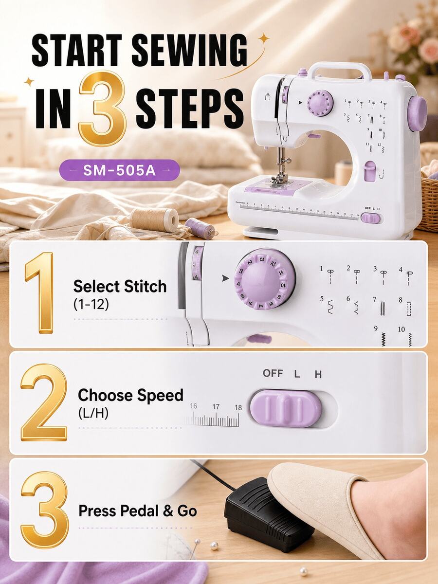 Mini Portable Electric Sewing Machine, 12 Stitches, Adjustable Speed, Built-In LED Light, Dual Electric And Manual Modes, Includes Foot Pedal And Bobbin Set, Suitable For Clothing Repair, DIY Crafts And Beginners