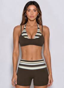 Never me Women's Striped Patchwork Halter Neck Sports Shorts Set, Yoga Pilates Outdoor Jogging Daily Commute Outfit - Brown - View 5