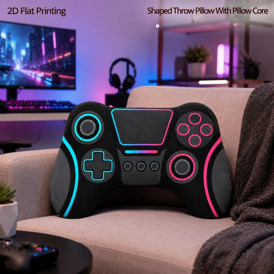 Black Neon Game Controller Shaped 2D Flat Print Plush Pillow, Suitable For Sofa, Bedroom, Living Room Cozy Home Decor, Office And Car Use, Pillow Gift - Multicolor - View 1