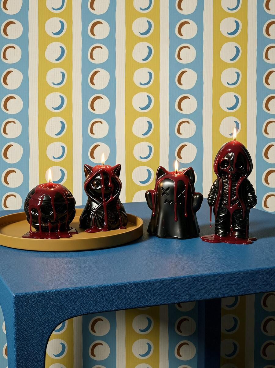 Joivida Ensemble de 4 bougies parfumées en forme de fantôme sanglant effrayant, bougie d'aromathérapie de personnage de dessin animé gothique cool, ornement de bureau, décoration de maison pour Halloween, cadeau de fête - Fantôme étrange - Voir 1