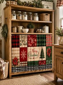 1pc Red Green Christmas Patchwork Cabinet Curtain, Farmhouse Polyester Rectangular Under Sink Skirt With Buffalo Plaid Ruffle Hem, Decorative Kitchen Cover Panel For Christmas Decorations For Home, Home Decor, Kitchen Essentials - Multicolor - View 3