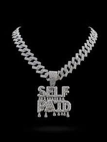 Hip-Hop Style SELF PAID Drip Letter Full Diamond Pendant With Iced Out Cuban Chain, Suitable For Rap Performance, Party Outfit, Unisex Niche Personalized Street Style Decorative Jewelry - SELF PAID - View 9