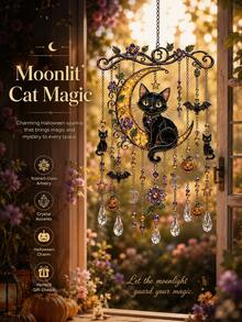 Light-Catching Hanging Wind Chime, Painted Glass Style Halloween Window Decor, Ghost Skeleton Witch Hat Black Cat Crystal Pendant, Home & Garden Decoration - A - View 7