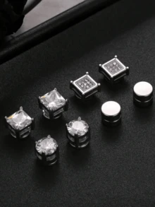 4 Pasang Jepit Telinga Magnetik Stainless Steel, Jepit Telinga Persegi Bulat Tanpa Tindik dengan Batu Zirkonia Kubik, Set Perhiasan Netral Unisex - Anting magnet (4 buah) - View 4