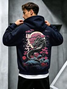 Krometka 男士秋冬黑色龙纹樱花印花连帽衫，独特日式风格 - 藏蓝色 - 查看 2