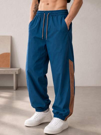 1 Peça Calça Jogger Masculina de Outono Tecida, Listra Lateral Colorblock, Cintura com Cordão, Calça de Moletom Solta, Streetwear