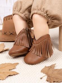 Infant Western Style Tassel Denim Ankle Boots, Side Zipper Easy On/Off Comfortable Soft Infant Boots - Brown - View 2