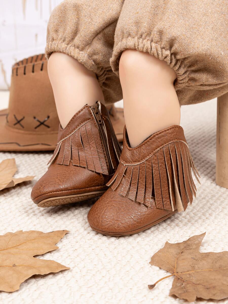 Infant Western Style Tassel Denim Ankle Boots, Side Zipper Easy On/Off Comfortable Soft Infant Boots