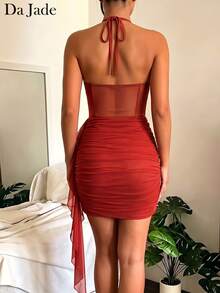 Elegant French Halter Twist Front Mesh Corset Ruched Draped Ruffle Bodycon Mini Dress Slim Fit Going Out Party Festival Formal Club Outfit Glam - Red - View 6