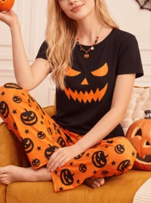 Notgurli 4-Piece Couples' Set: Women's & Men's Halloween Pajamas – Fun, Comfortable Pumpkin-Print Loungewear For Autumn/Winter - Multicolor - View 9