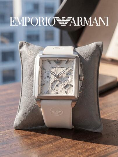 Armani Men's Quartz Chronograph Watch AR5851, Square Case With White Textured Dial And Date Window, Beige Silicone Strap Daily Watch