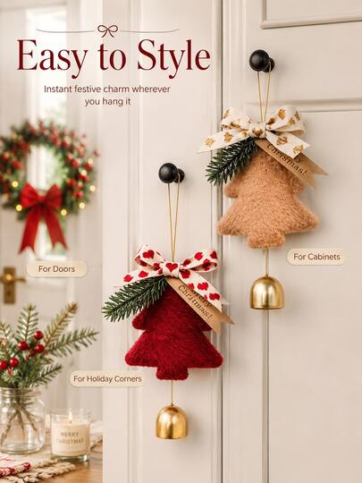 Plush Bell Hanging Ornament, Soft Furry Christmas Tree Decoration With Bow Pine Branch Gold Bell, Red Beige White Holiday Pendant, Xmas Home Door Wall Party Decor, Festive Hanging Decoration,Christmas Gift For Family Friends, Festive Holiday Gift