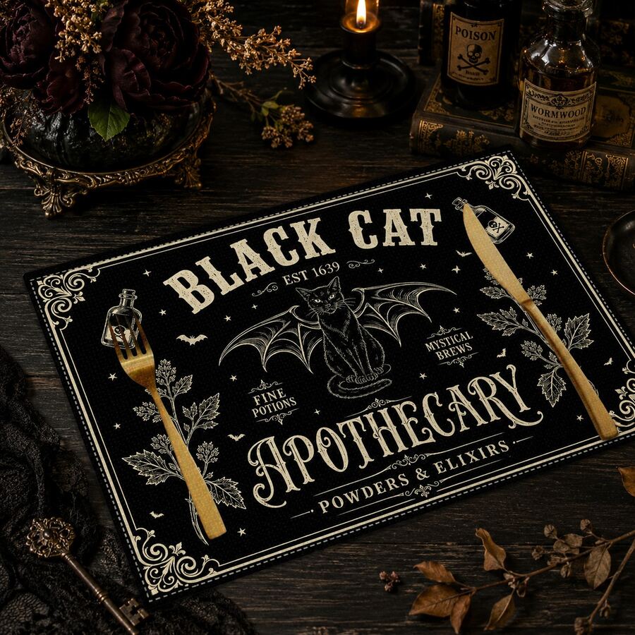 1pc/4pcs/6pcs/8pcs, Halloween Bat & Cat Pattern Table Mat, Suitable For Dining Table, Breakfast Mat, Coffee Bar, All-Season Decor, Washable Placemat, Room Decor, Kitchen Table Mat, Indoor/Outdoor Party Decoration, Home Decor, Ideal Gift