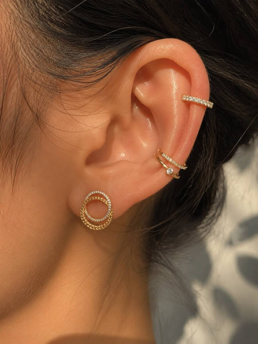 Gold-Plated Zirconia Inlaid Hollow Logo Ear Clips, Women's Non-Pierced Earrings, Daily Jewelry, Quiet Luxury Style - Gold 2 - View 1
