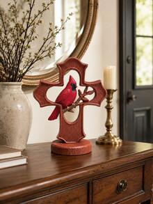 1pc Red Cardinal Figurine On Cross, Christmas Cardinal Bird Statue, Rustic Faith Tabletop Decor For Fireplace Mantel Shelf Bookshelf Living Room, Holiday Christian Home Decoration - Multiple Styles - View 2