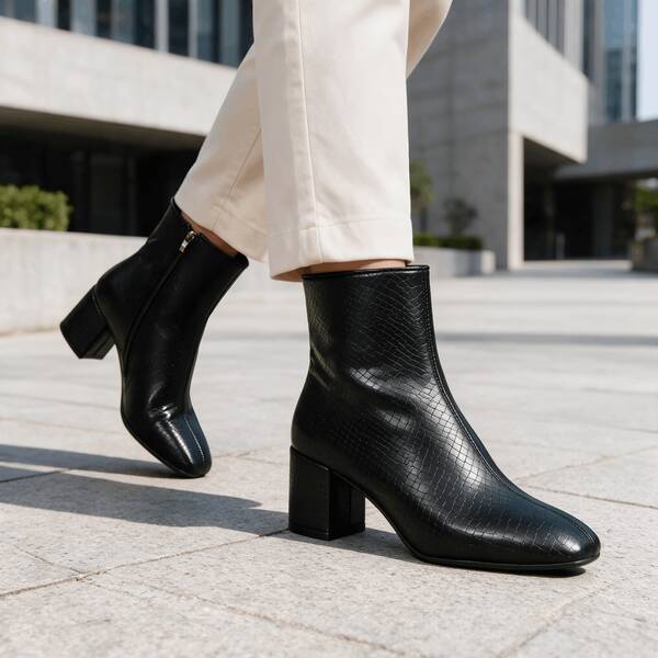 Women's Crocodile Embossed Pointed Toe Chunky Heel Ankle Boots, Side Zipper Elegant Fashion Slim Fit Boots, Versatile For Autumn/Winter