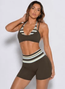 Never me Women's Striped Patchwork Halter Neck Sports Shorts Set, Yoga Pilates Outdoor Jogging Daily Commute Outfit - Brown - View 4