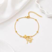 1pc New Fashion Cross Initial Fe Pendant Golden Stainless Steel Bead Chain Bracelet For Women - Yellow Gold - View 3