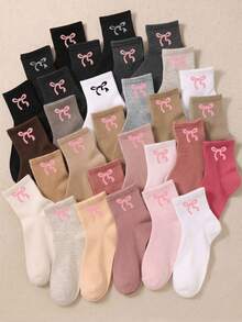5/10/20 Pairs Random Bow Crew Socks For Girls Sweet Solid Color Mid‑Calf Socks Casual Daily Fall Socks Back To School Halloween Party Gift - Multicolor - View 1
