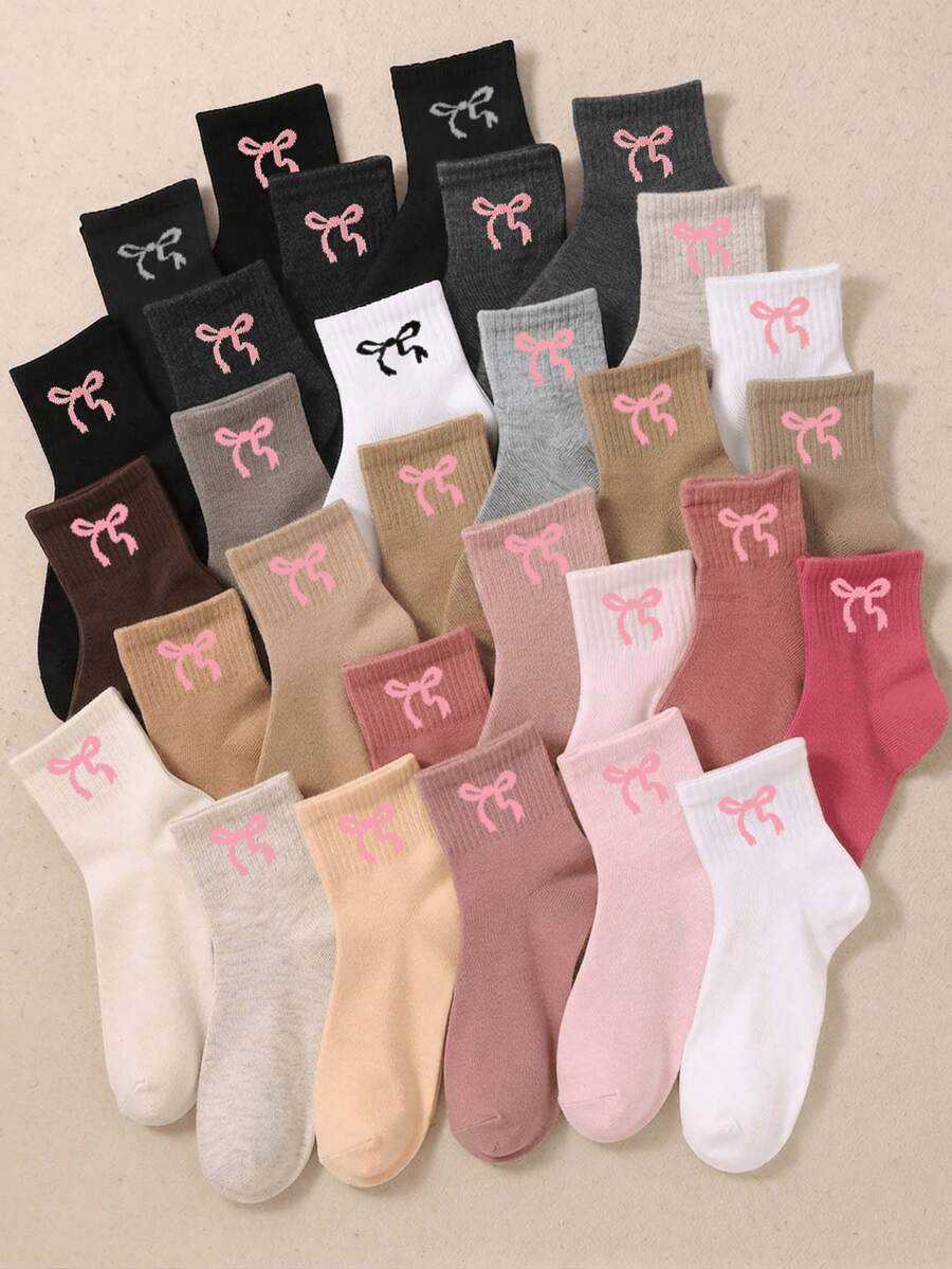 5/10/20 Pairs Random Bow Crew Socks For Girls Sweet Solid Color Mid‑Calf Socks Casual Daily Fall Socks Back To School Halloween Party Gift - Multicolor - View 1