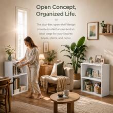 2 Tier Open Bookshelf, Adjustable Shelf Low Bookcase, 2-Cube Storage Cabinet For Living Room, Study & Office, White - A - View 3