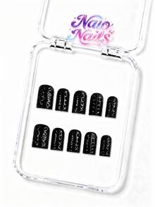 NAIO 10pcs/Set Y2K Handmade Halloween Press-On Nails, Pure Black Base Color, Embossed Spider Web Texture, Minimalist Dark Eerie Style, Suitable For Halloween Daily Wear, 3 Sizes Coffin/Almond/Short Square Shape, Fake Nails, Removable And Reusable - Multicolor - View 2