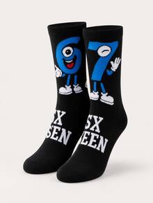 2 Pairs Men's Fun Mid-Calf Socks, Fun "67" Number Pattern, Fashionable Hip-Hop Design, American Vintage Style, Unisex, Suitable For Autumn/Winter Wear, Great For Gifts - Black - View 5