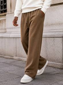 Men's Casual Faux Suede Wide-Leg Drawstring Pants, Loose Fit Elastic Waist Straight-Leg Trousers For Fall & Winter - Brown - View 5