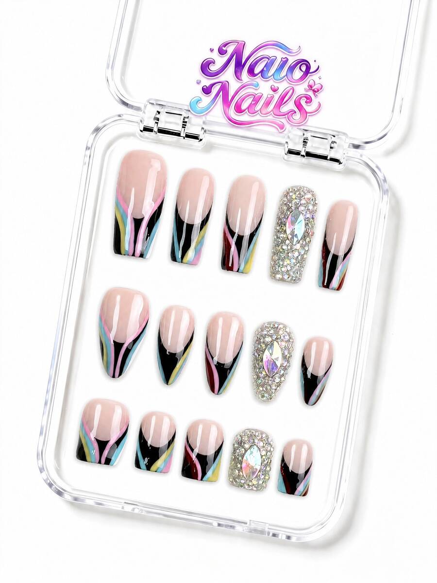 NAIO 10pcs/Set Y2K Handmade Press-On Nails, Nude Base With Multi-Color V-Shaped French Tips, Full AB Rhinestone Embellished, Glamorous Party Style, Suitable For Daily Wear, 3 Sizes Coffin/Almond/Short Square, Fake Nails, Removable And Reusable - Multicolor - View 1